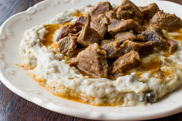 Turkish Food Hunkar Begendi made with Eggplant and Meat.