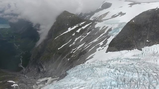 the nigardsbreen glacier in the jostedalsbreen national park in norway. Aeiral view from the glacier to the valley