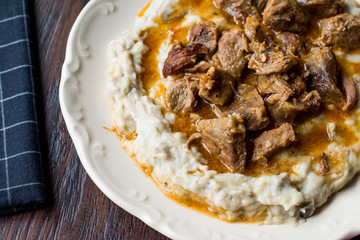 Turkish Food Hunkar Begendi made with Eggplant and Meat.