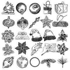 Set of  Christmas hand drawn icons. Xmas engraved objects isolated over white background.  New Year objects, symbols, elements for DIY designs. Vector.