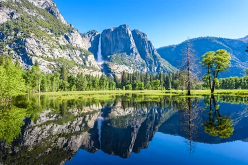 Fototapeten Yosemite-Nationalpark - Reflexion im Merced River des Yosemite-Wasserfalls und wunderschöne Berglandschaft, Kalifornien, USA © Simon Dannhauer