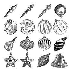 Large set of Christmas ball decoration element isolated on white background. Collection of Hand drawn  glass ball bubble toy for tree decoration. Vector.