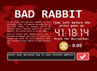 Bad rabbit ransomware computer virus encrypter cyber attack screen vector illustration