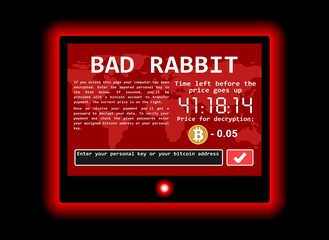 Bad rabbit ransomware computer virus encrypter cyber attack screen vector illustration