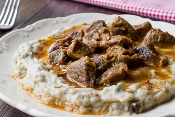 Turkish Food Hunkar Begendi made with Eggplant and Meat.