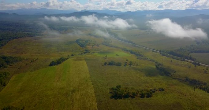 fog, road, fields, fog in the field, fog on the road, trail, Primorsky Krai, quadrocopter, shooting from height, field, green grass