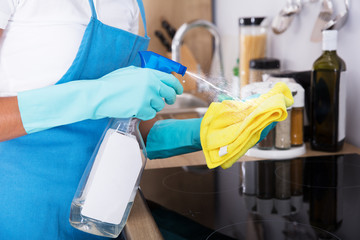Janitor Hands Spraying On Yellow Cloth