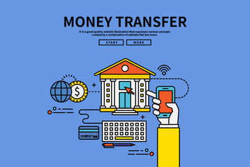 Vintage retro color style flat line vector editable graphic illustration, money transfer