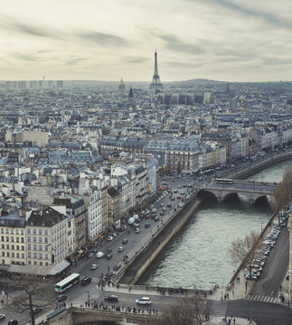Eiffel Tower and Paris skyline seen from Notre Dame cathedral