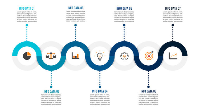 Template Timeline Infographic colored horizontal numbered for seven position can be used for workflow, banner, diagram, web design, area chart