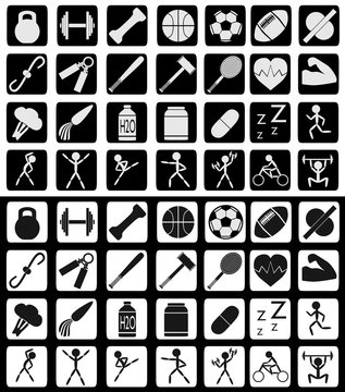 Set of sports and active lifestyle related icons in white-black and reversed colors