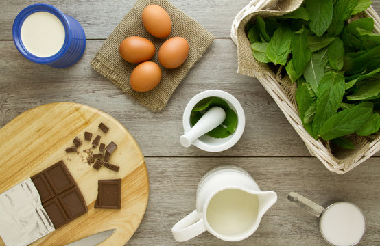 Mint chocolate ice cream ingredients overhead