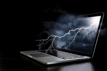Laptop with lightning. Mixed media