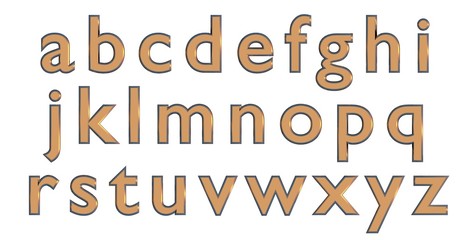 Lowercase golden 3D alphabet. White background.