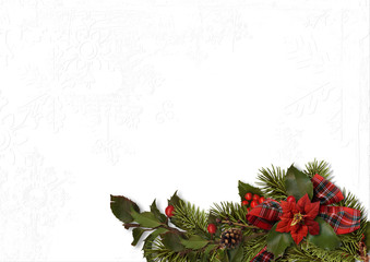 Christmas bouquet with poinsettias and holly on a white textured background. Christmas card