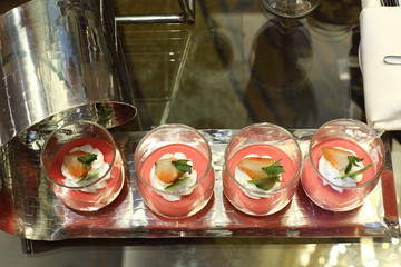 Pink Sweet Cream in glass top view, Cocktail in Wedding, fair, seminar, meeting, conference and background