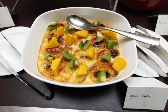 Opera Cake variety fruit mango, giwi topping, Grand Dessert Buffet in Luxury Restaurant Hotel