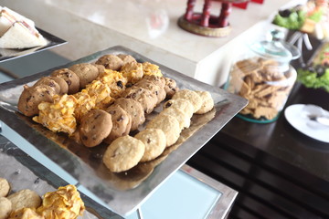 delicious cookies and different sweets style for Meeting Coffee break, Breakfast, lunch, Dinner, Buffet, Hotel Catering on silver plate