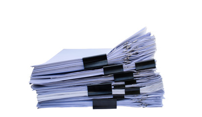Pile of business papers with document file on white background