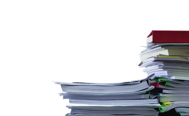 Pile of business papers with document file on white background