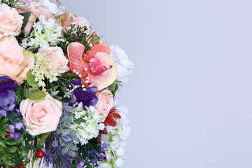 Bouquet of Pink white many kind of flowers on roman Glass crystal Vase jar Artificial