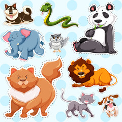 Sticker set of wild animals on blue background