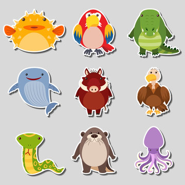 Sticker design with different types of animals