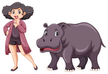 Woman and cute hippo on white background