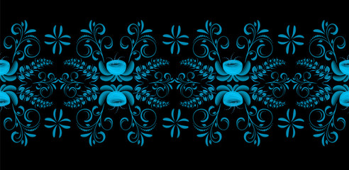Traditional Russian gzhel floral pattern. Art drawn blue vintage ethnic pottery. Russia ornate decor frame. National souvenir retro vector illustration folk textile graphic. Curl background