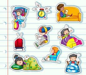 Sticker design with kids relaxing in bed and sofa