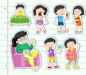 Sticker design with many kids eating sweets