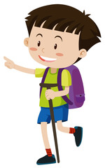 Boy with backpack and walking stick