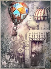 Tableaux ronds sur plexiglas Imagination Maison de conte de fées et bizarre dans un paysage surréaliste avec un vol de montgolfières