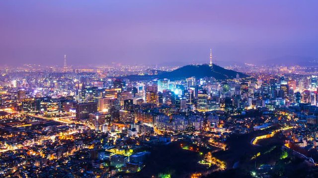 Cityscape of Seoul with Seoul tower at night, South Korea.