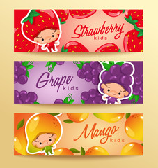Boy and girl wearing fruit shaped hat in horizontal label template : Vector Illustration