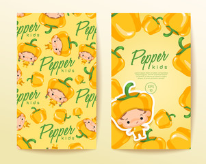 Boy and girl wearing vegetable shaped hat in horizontal label template : Vector Illustration