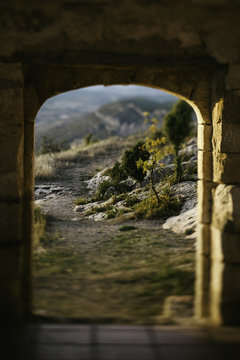 Mountain view through a old arquitecture