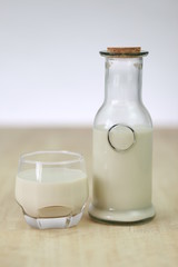 Milk in glass bottles, closeup, background