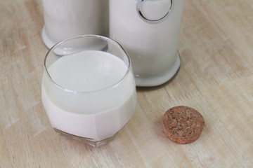 Milk in glass bottles, closeup, background