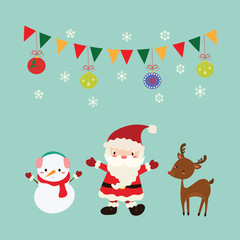 Cute Santa Claus With Snowman and cute reindeer.vector