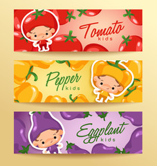 Boy and girl wearing vegetable shaped hat in horizontal label template : Vector Illustration