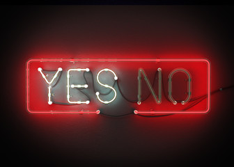 Yes or No sign made from neon alphabet on a black background. 3D illustration