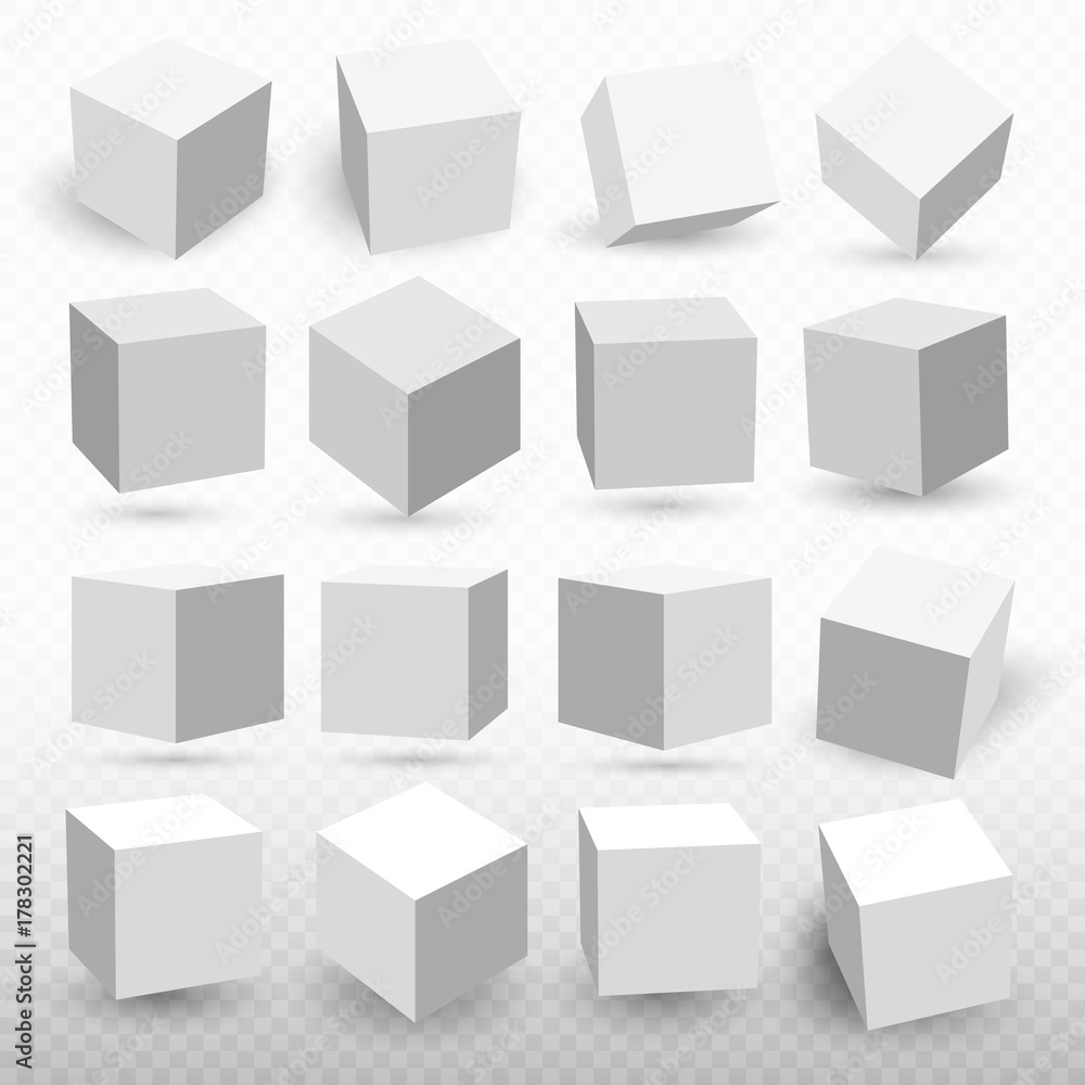 Poster a set of cube icons with a perspective 3d cube model with a shadow. vector illustration. isolated on