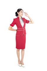 Portrait of Asian Air Hostess posing with White background, Woman stand and smile at isolated on white background, Woman with Air Hostess concept.