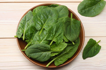 spinach leaves in bowl on white wooden table top view