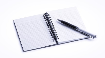 Notepad and pen on white background