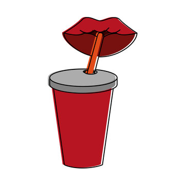lips drinking soda in disposable cup with straw icon image vector illustration design 