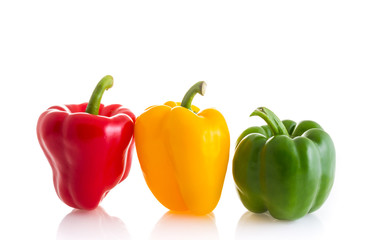red, green and yellow color of chili peppers isolated on white background