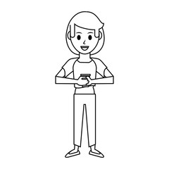 happy woman with coffee cup icon image vector illustration design  black line