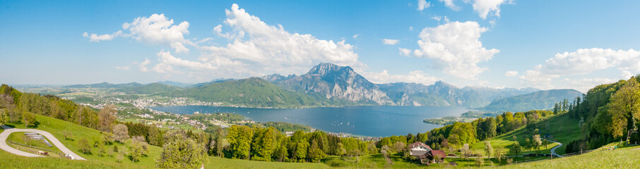 panorama of mount Traunstein and lake Traunsee in Austria